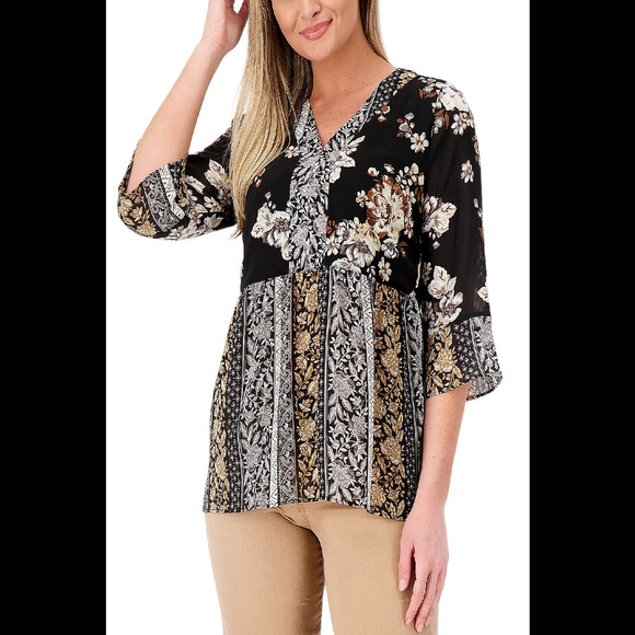 Isaac Mizrahi Live! Printed Crinkle Chiffon Blouse Black - PLUS - Picture 1 of 2